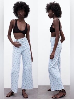 Zara Wide Leg Jeans with Blue Floral Print